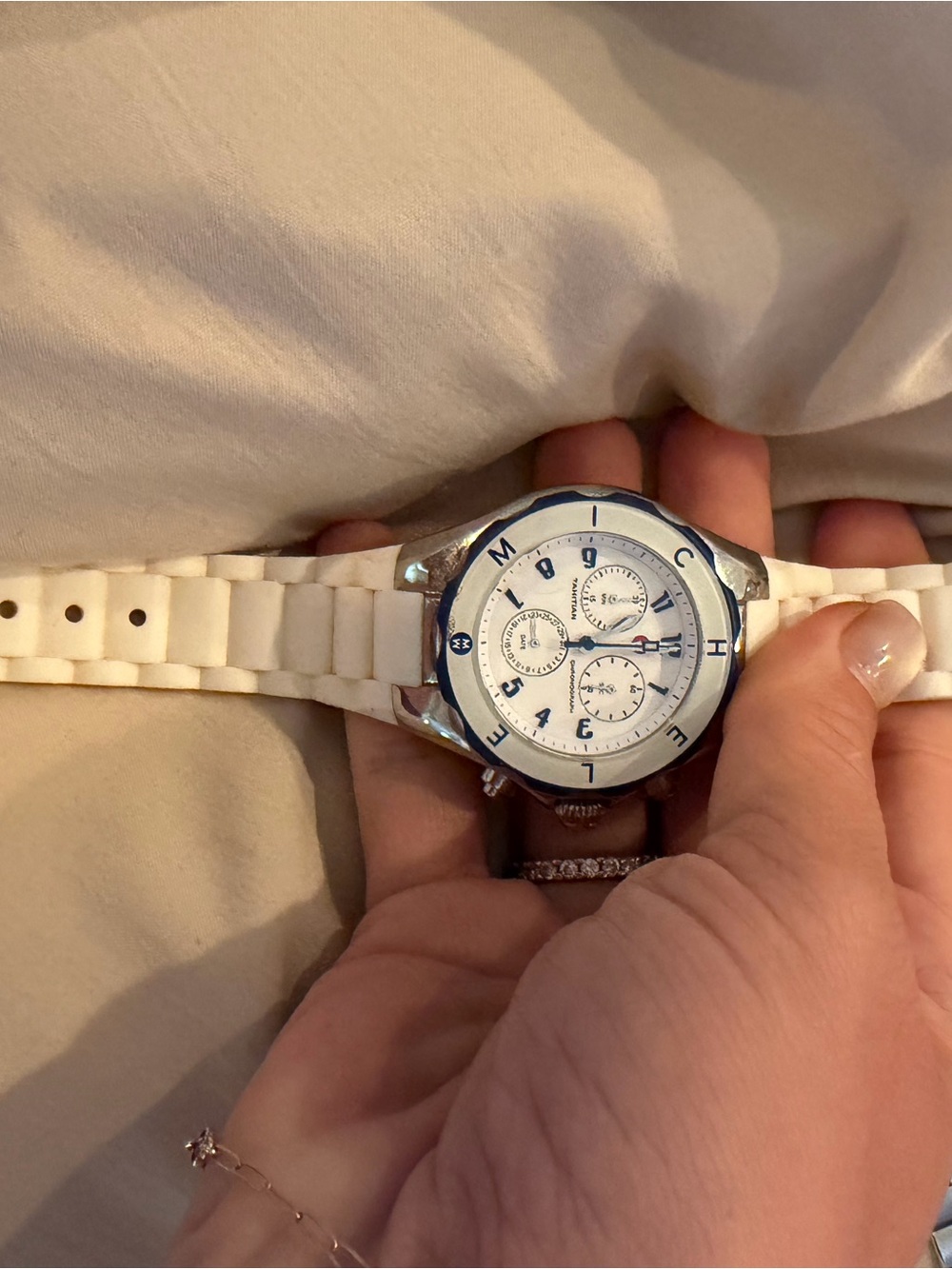 Michele White Watch with Blue Bezel and Accents